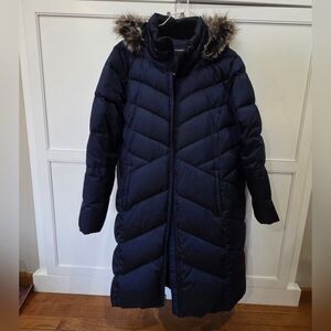 Women's Navy Puffer Coat with Faux Fur Hood